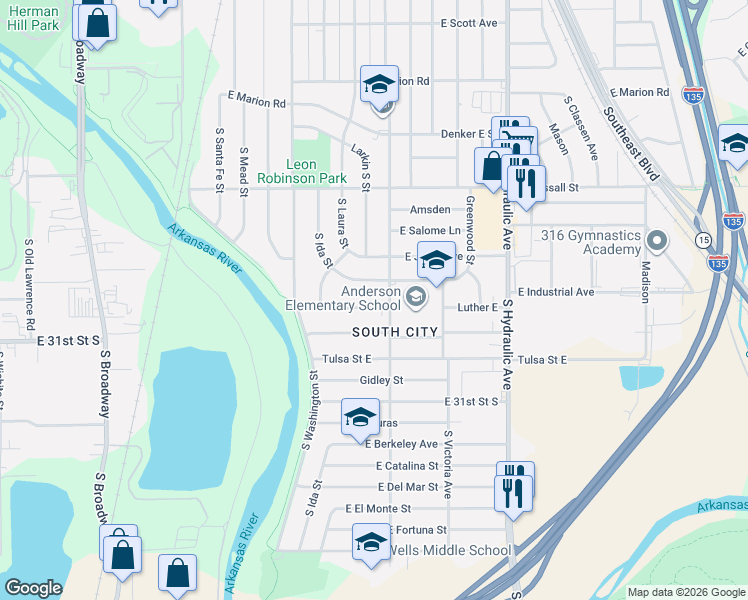 map of restaurants, bars, coffee shops, grocery stores, and more near 1221 Luther East in Wichita