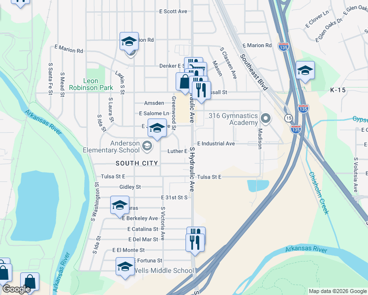 map of restaurants, bars, coffee shops, grocery stores, and more near 1612 Luther East in Wichita
