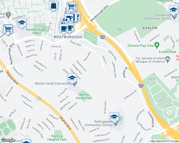 map of restaurants, bars, coffee shops, grocery stores, and more near 2571 Wexford Avenue in South San Francisco