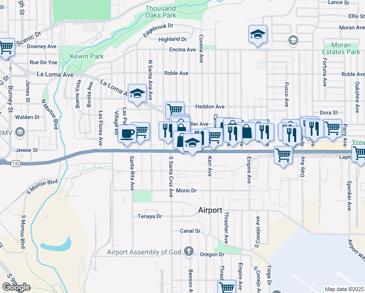 map of restaurants, bars, coffee shops, grocery stores, and more near 1350 Yosemite Boulevard in Modesto