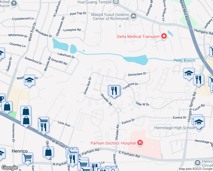 map of restaurants, bars, coffee shops, grocery stores, and more near 7728 Pomeroy Court in Henrico