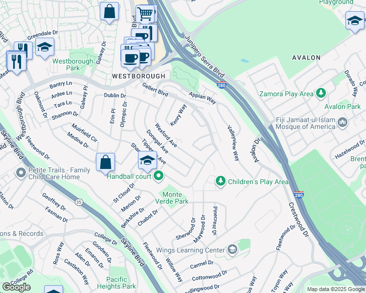 map of restaurants, bars, coffee shops, grocery stores, and more near 2571 Wexford Avenue in South San Francisco