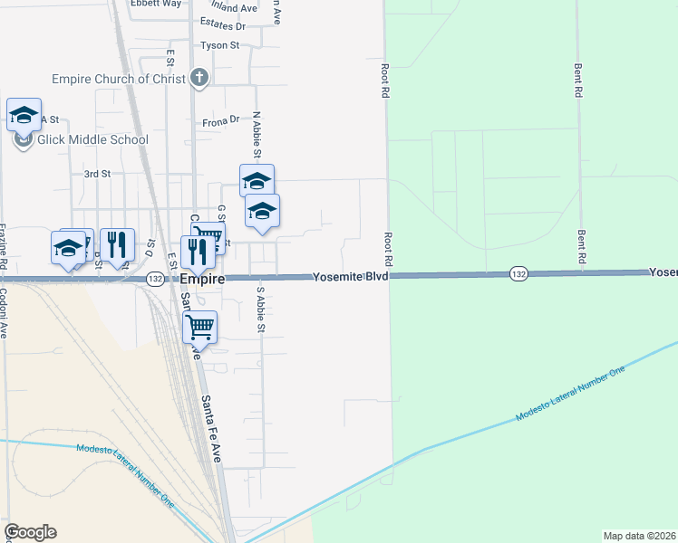 map of restaurants, bars, coffee shops, grocery stores, and more near 5321 Yosemite Boulevard in Modesto