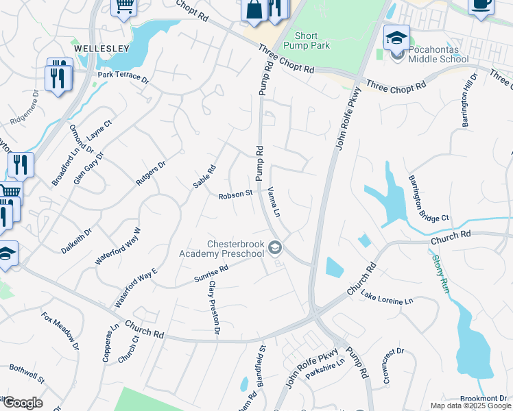 map of restaurants, bars, coffee shops, grocery stores, and more near 2922 Vanna Lane in Henrico