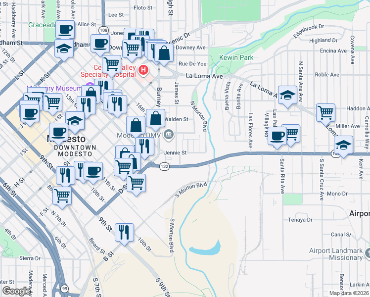 map of restaurants, bars, coffee shops, grocery stores, and more near 111 Groveland Street in Modesto