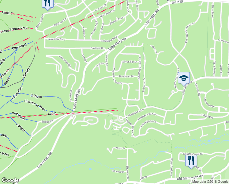 map of restaurants, bars, coffee shops, grocery stores, and more near 869 Lake Mary Rd in Mammoth Lakes
