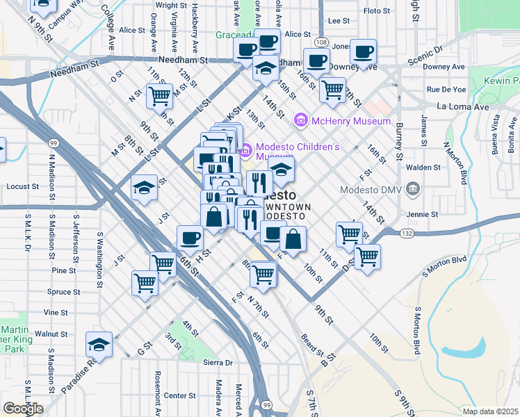 map of restaurants, bars, coffee shops, grocery stores, and more near 713 10th St in Modesto