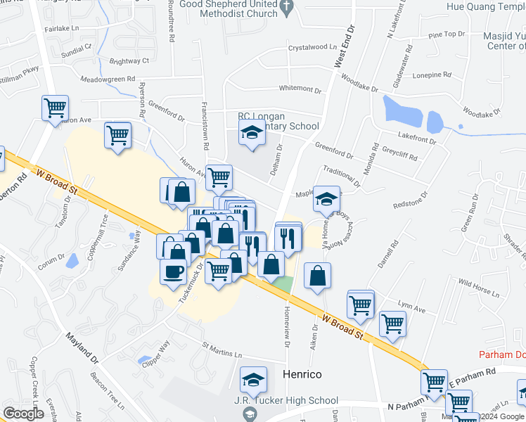 map of restaurants, bars, coffee shops, grocery stores, and more near 9105 Huron Avenue in Richmond