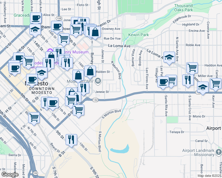 map of restaurants, bars, coffee shops, grocery stores, and more near 106 Pleasant Street in Modesto