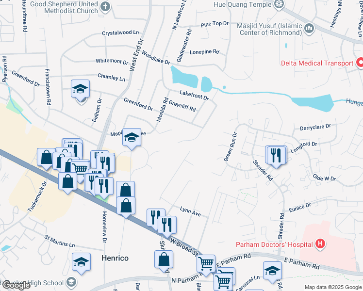 map of restaurants, bars, coffee shops, grocery stores, and more near 3809 Redstone Drive in Richmond