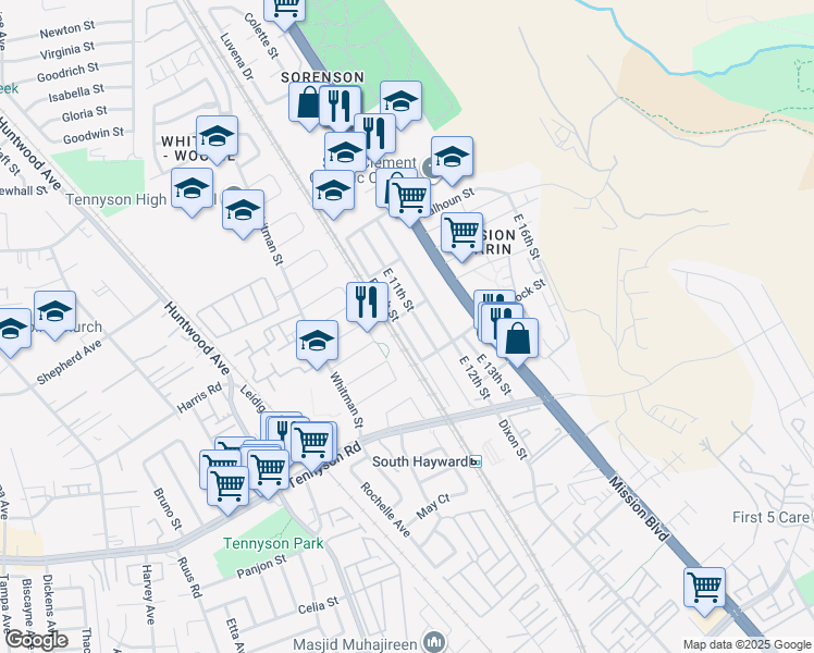 map of restaurants, bars, coffee shops, grocery stores, and more near 28030 East 10th Street in Hayward