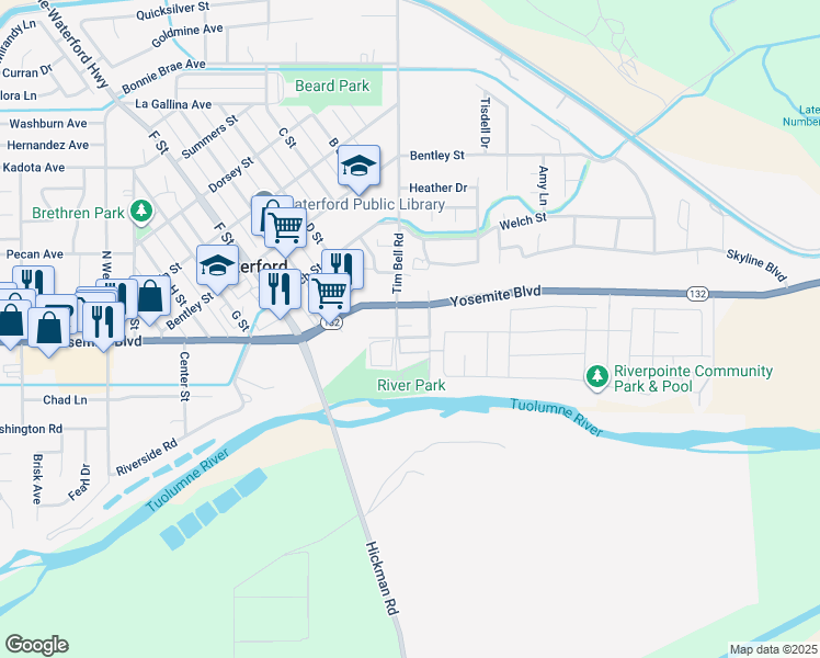 map of restaurants, bars, coffee shops, grocery stores, and more near 12900 Hickman Street in Waterford