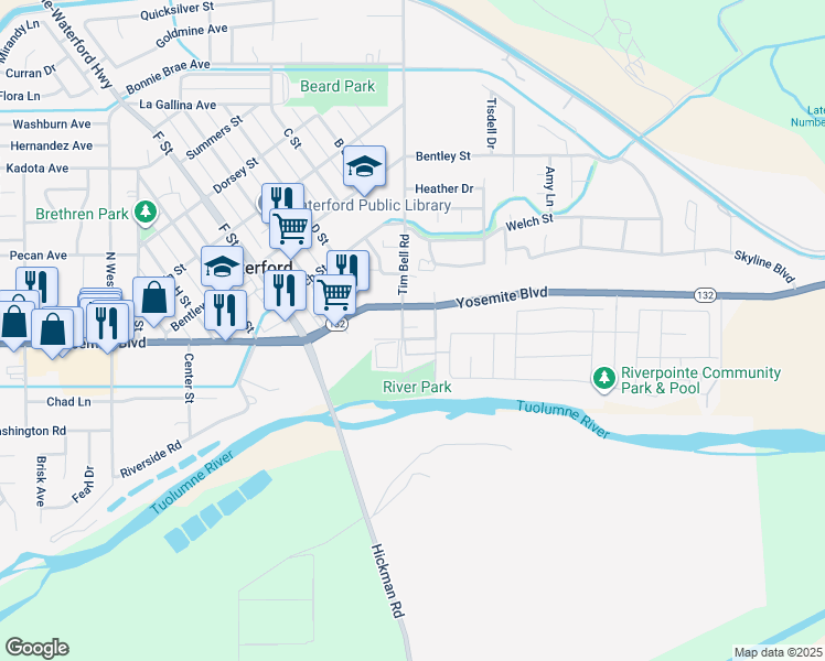 map of restaurants, bars, coffee shops, grocery stores, and more near 12900 Hickman Street in Waterford