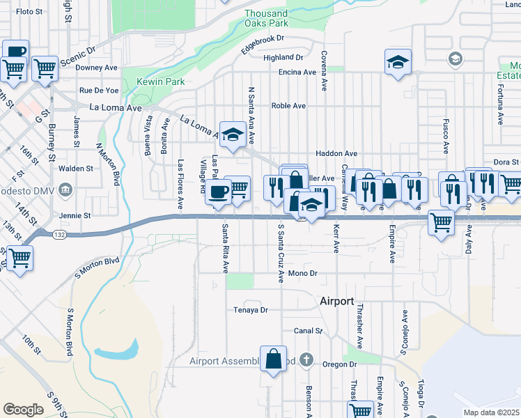 map of restaurants, bars, coffee shops, grocery stores, and more near in Modesto