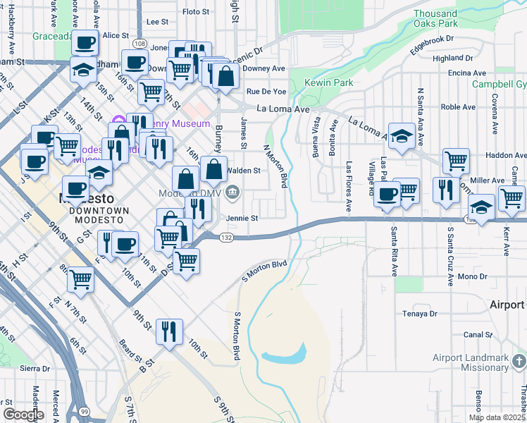 map of restaurants, bars, coffee shops, grocery stores, and more near 101 Fairview Street in Modesto