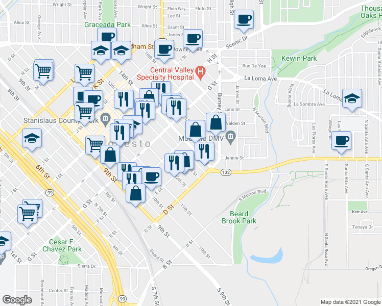 map of restaurants, bars, coffee shops, grocery stores, and more near 502 13th Street in Modesto