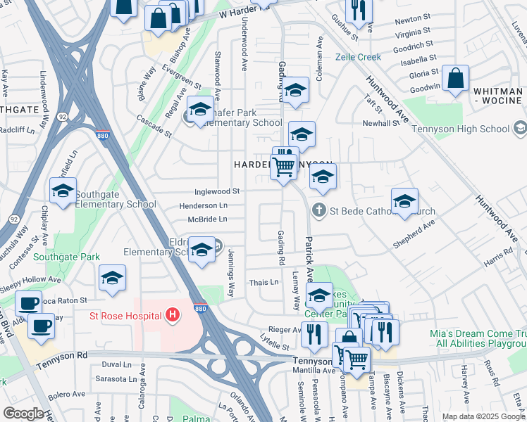 map of restaurants, bars, coffee shops, grocery stores, and more near 1127 Scott Place in Hayward