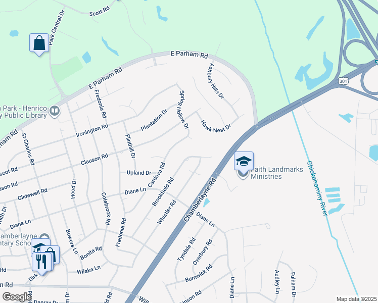 map of restaurants, bars, coffee shops, grocery stores, and more near 8315 Brookfield Road in Richmond