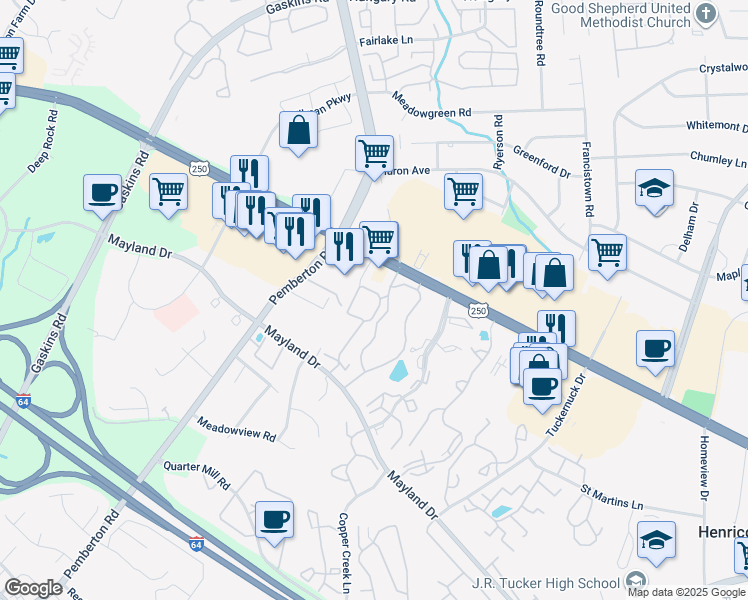 map of restaurants, bars, coffee shops, grocery stores, and more near 3430 Spendthrift Drive in Henrico