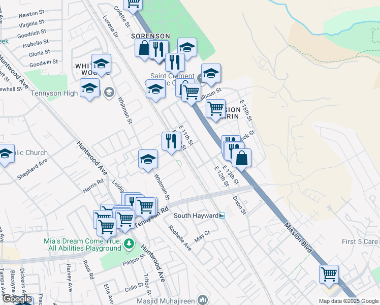 map of restaurants, bars, coffee shops, grocery stores, and more near 28030 East 10th Street in Hayward