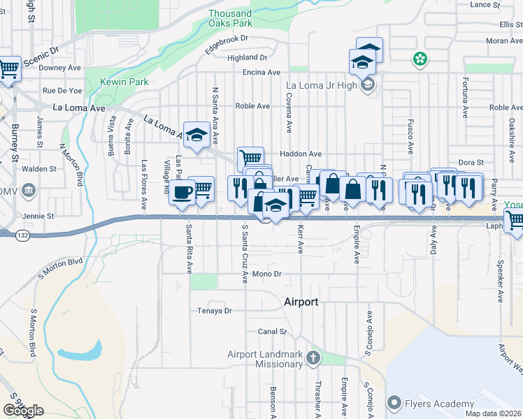 map of restaurants, bars, coffee shops, grocery stores, and more near 1325 Yosemite Boulevard in Modesto