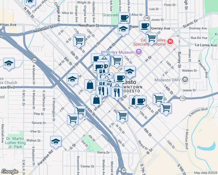 map of restaurants, bars, coffee shops, grocery stores, and more near 822 9th Street in Modesto