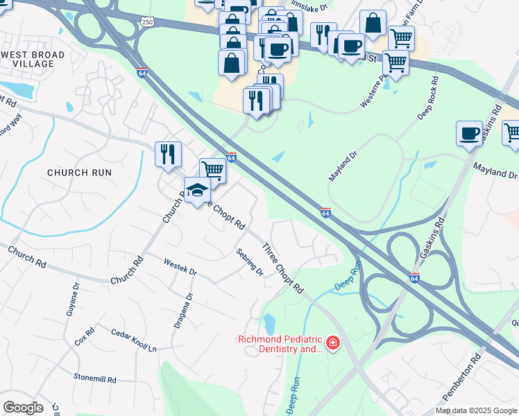 map of restaurants, bars, coffee shops, grocery stores, and more near 10940 Greenaire Place in Henrico