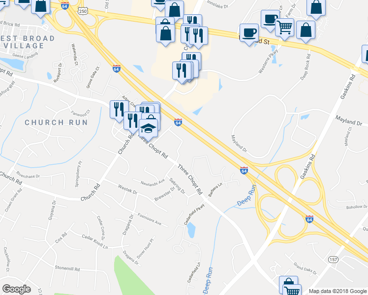 map of restaurants, bars, coffee shops, grocery stores, and more near 10940 Greenaire Place in Henrico