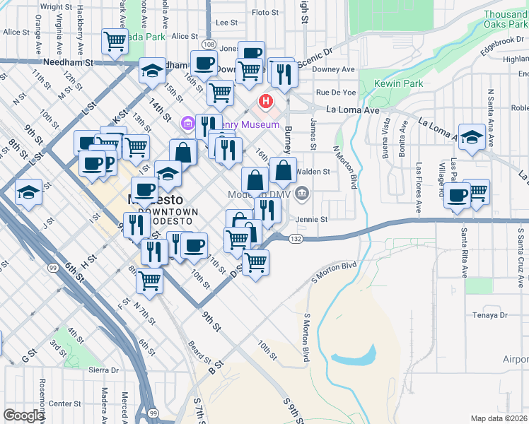 map of restaurants, bars, coffee shops, grocery stores, and more near 1408 E Street in Modesto
