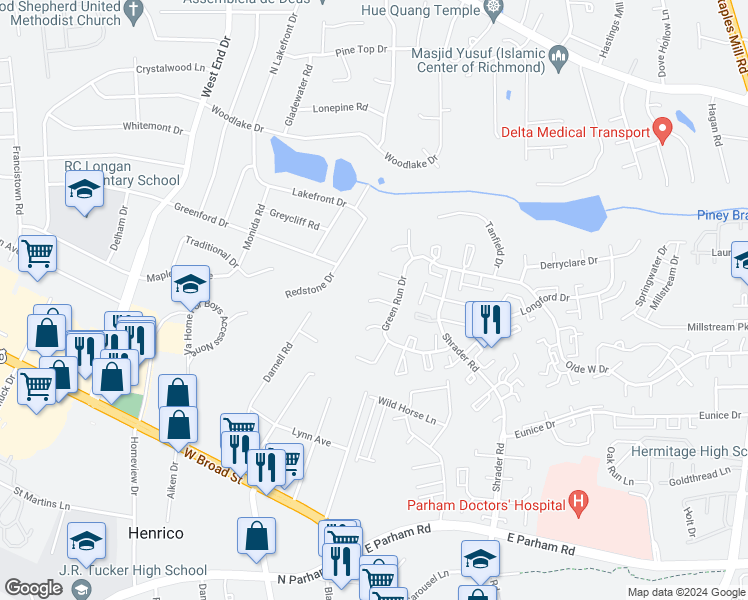 map of restaurants, bars, coffee shops, grocery stores, and more near 4918 Castlebar Court in Henrico