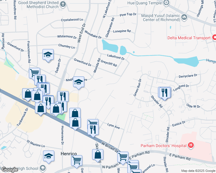 map of restaurants, bars, coffee shops, grocery stores, and more near 3809 Redstone Drive in Richmond