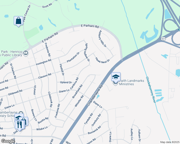 map of restaurants, bars, coffee shops, grocery stores, and more near 8315 Brookfield Road in Richmond