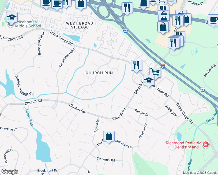 map of restaurants, bars, coffee shops, grocery stores, and more near 11201 Churchwood Court in Richmond