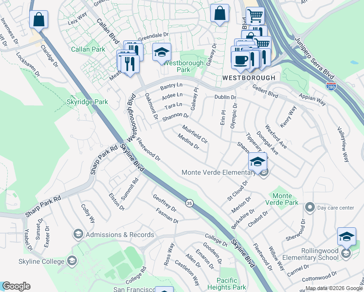map of restaurants, bars, coffee shops, grocery stores, and more near 2860 Oakmont Drive in San Bruno
