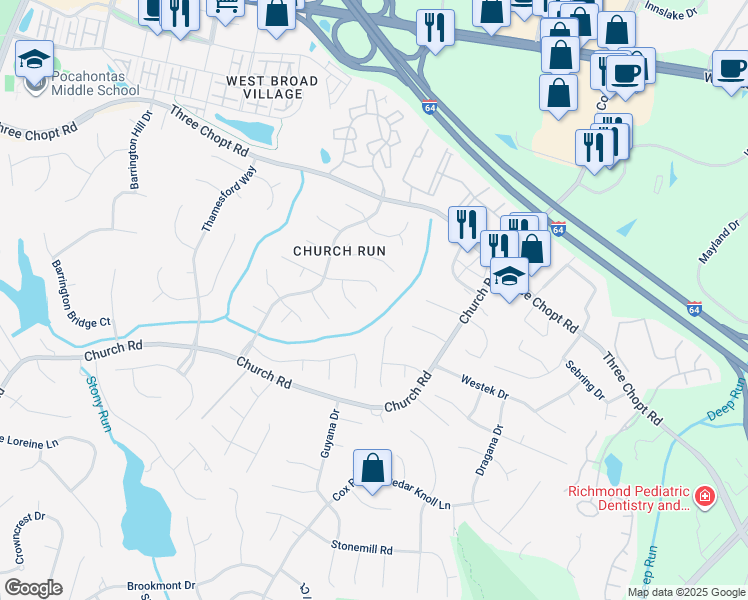 map of restaurants, bars, coffee shops, grocery stores, and more near 11201 Churchwood Court in Richmond