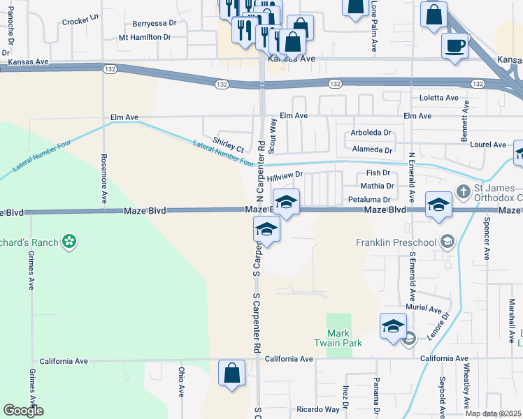 map of restaurants, bars, coffee shops, grocery stores, and more near 1599 Maze Boulevard in Modesto