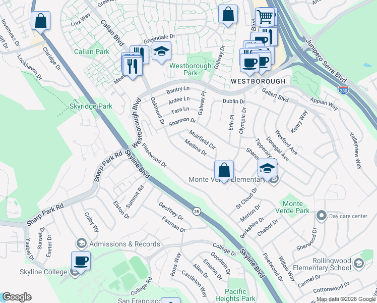 map of restaurants, bars, coffee shops, grocery stores, and more near 2860 Oakmont Drive in San Bruno