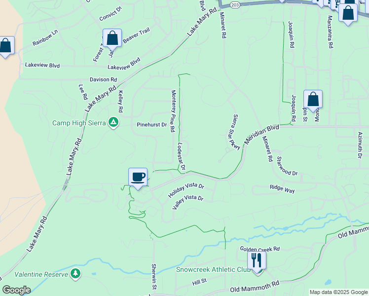 map of restaurants, bars, coffee shops, grocery stores, and more near 1100 Lodestar Drive in Mammoth Lakes