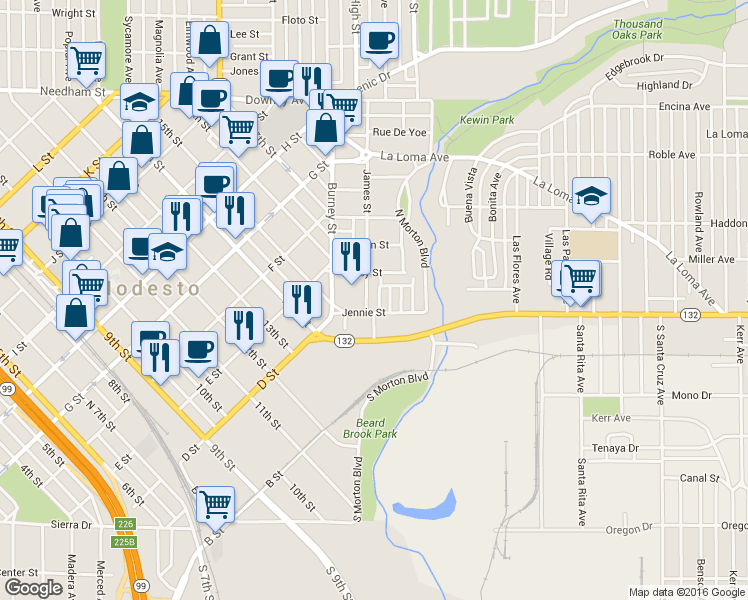 map of restaurants, bars, coffee shops, grocery stores, and more near 111 Groveland Street in Modesto