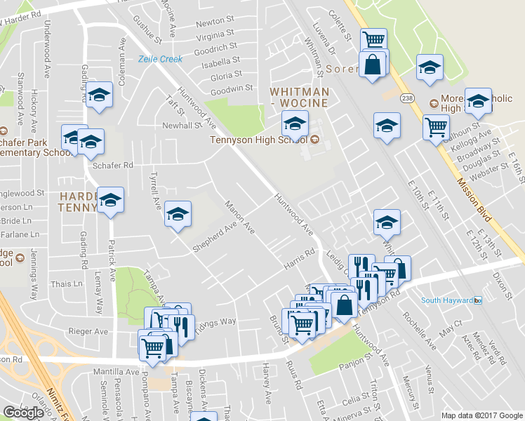 map of restaurants, bars, coffee shops, grocery stores, and more near 27340 Manon Avenue in Hayward