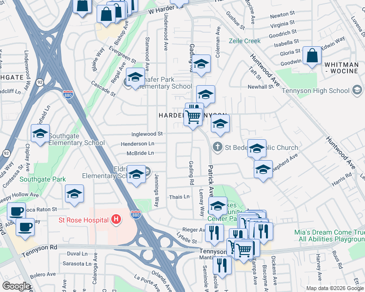 map of restaurants, bars, coffee shops, grocery stores, and more near 1127 Scott Place in Hayward