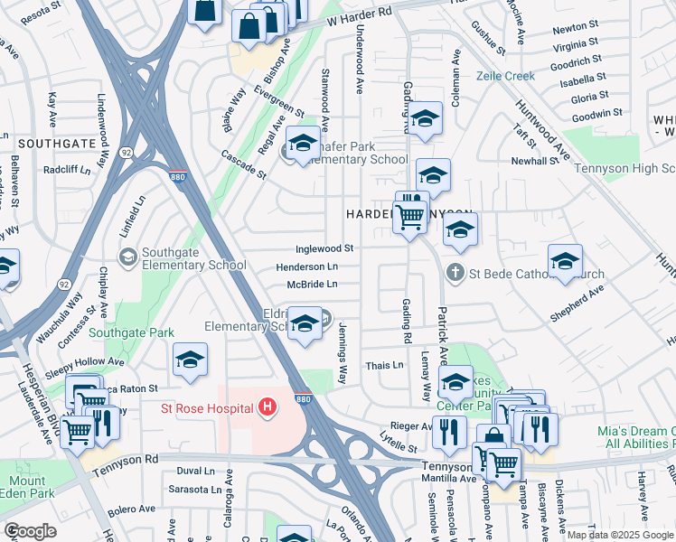 map of restaurants, bars, coffee shops, grocery stores, and more near 1258 McBride Lane in Hayward