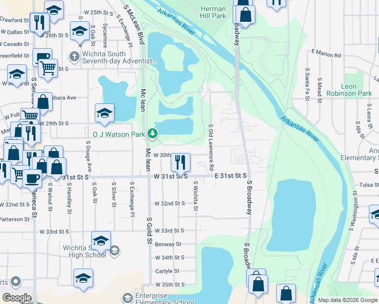 map of restaurants, bars, coffee shops, grocery stores, and more near 3110 South Wichita Street in Wichita