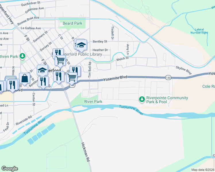 map of restaurants, bars, coffee shops, grocery stores, and more near 13109 Harbor Drive in Waterford