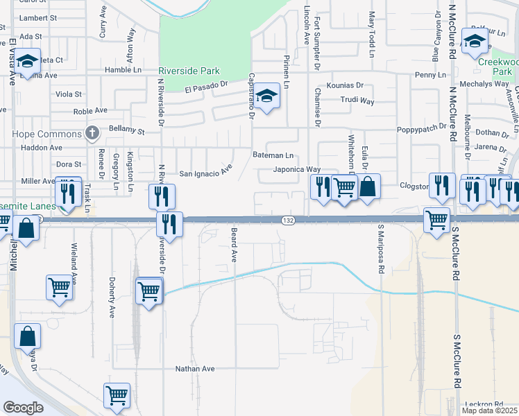 map of restaurants, bars, coffee shops, grocery stores, and more near 2805 Yosemite Boulevard in Modesto