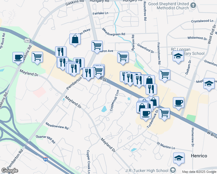 map of restaurants, bars, coffee shops, grocery stores, and more near 9475 West Broad Street in Richmond