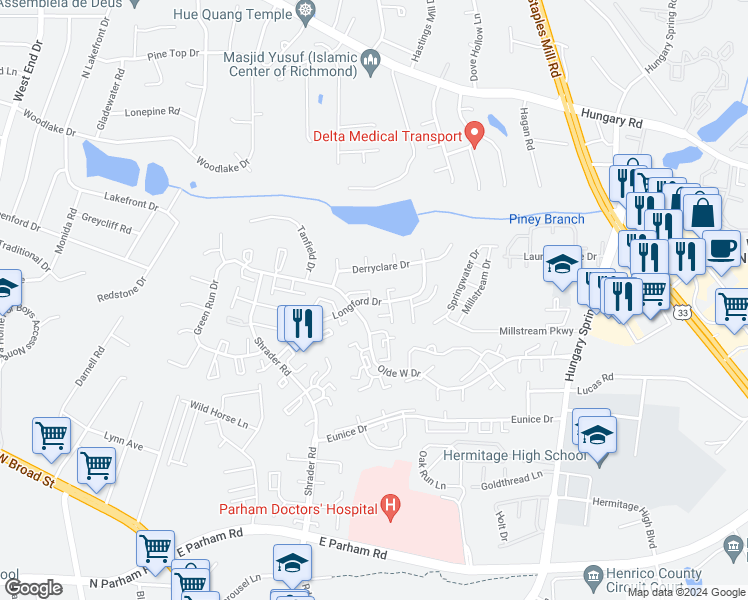 map of restaurants, bars, coffee shops, grocery stores, and more near 7604 Roscommon Court in Henrico