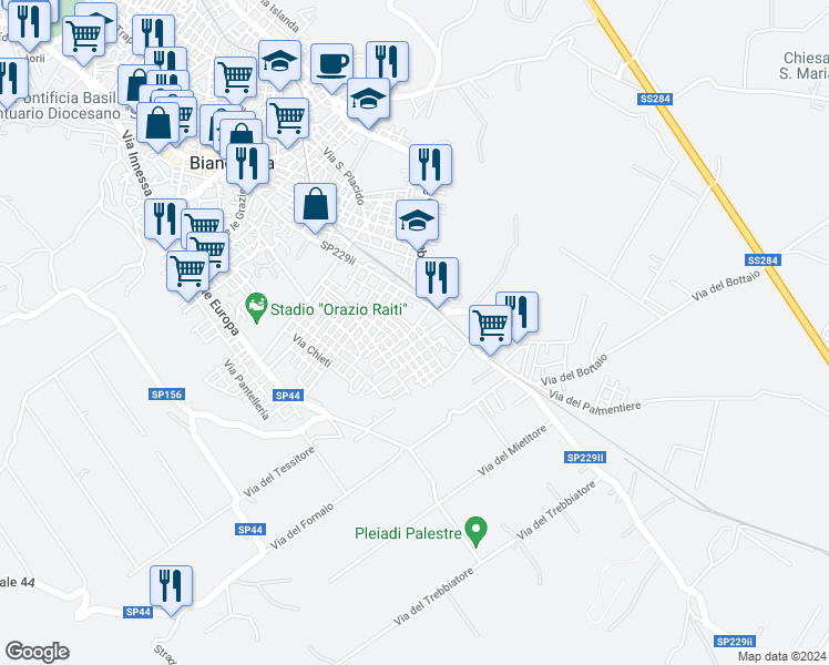 map of restaurants, bars, coffee shops, grocery stores, and more near 15 Via Vittorio Emanuele in Biancavilla