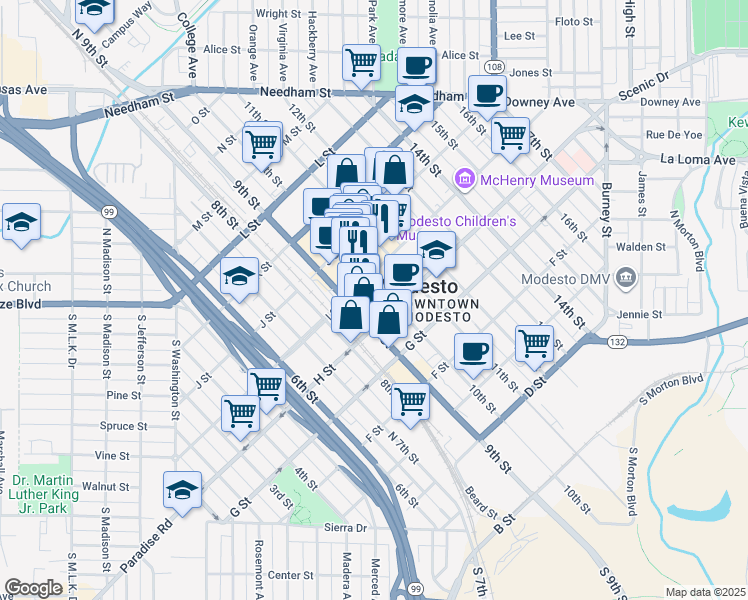 map of restaurants, bars, coffee shops, grocery stores, and more near 833 10th Street in Modesto