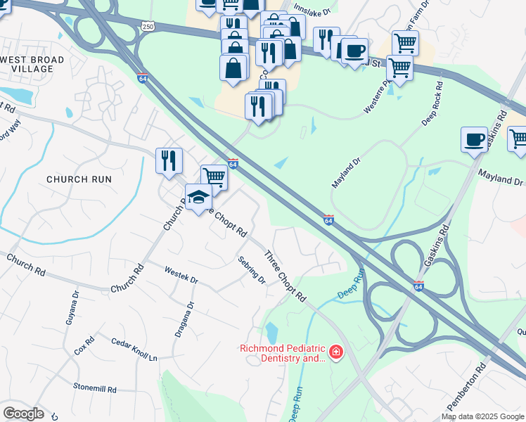 map of restaurants, bars, coffee shops, grocery stores, and more near 10946 Greenaire Place in Richmond